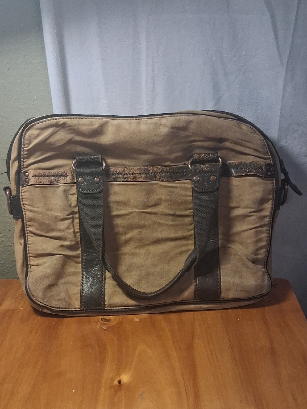 Black Rivet Canvas Travel Briefcase in Tan with Brown Trim